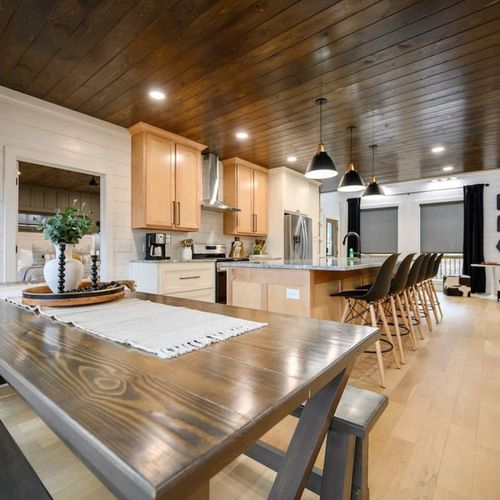 The dining area and kitchen.