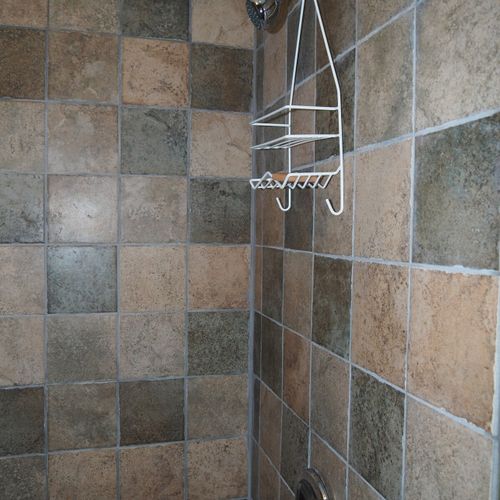 Bathroom:  features a shower and a toilet.