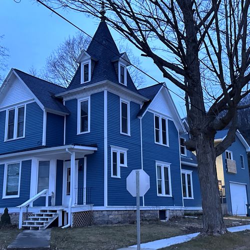Exterior:  a nice photo of the outside of the home at twilight.