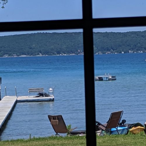 Exterior:  looking out at crystal lake from inside.