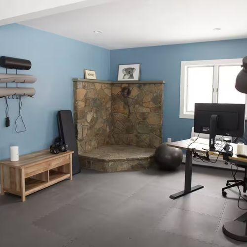 The office/gym space is located on the basement level