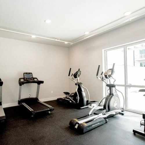 Bright, open fitness room w/ natural light & modern equipment.