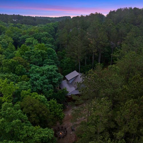 Towering trees surround the cabin.