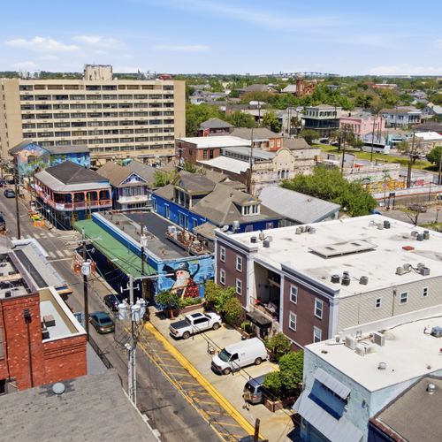 Aerial view of the vibrant, colorful neighborhood right outside your door