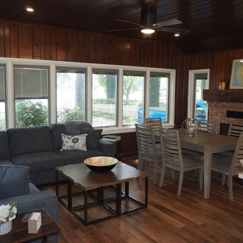 Overview:  the main living room and dining area next to kitchen.
