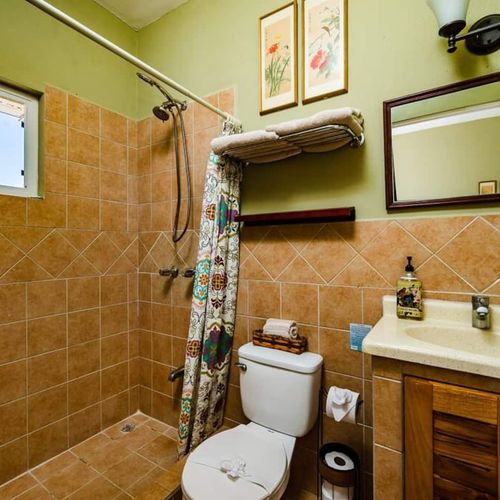 Bathroom with shower, sink and toilet
