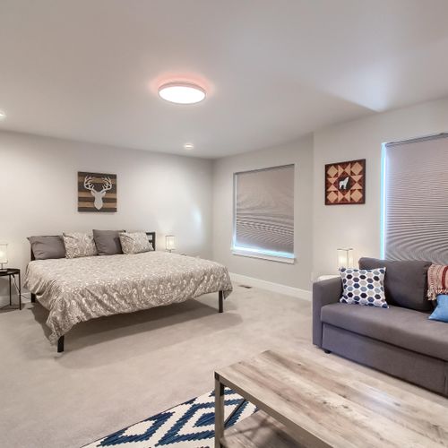 - rest easy in this king bedroom with blackout blinds and a cozy ambient glow