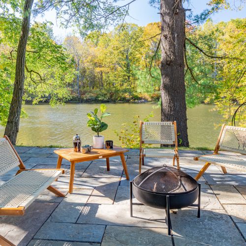 Patio furniture and fire pit.