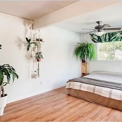 Bright master suite with king bed, garden views, and naturally fresh, plant-filled ambiance.