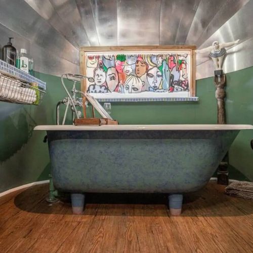 Relax in the soaking tub in the Airstream after a day spent fishing on the river