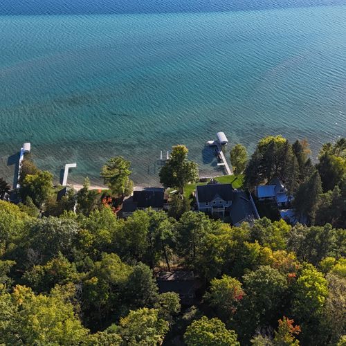 EXTERIOR:  Aerial photo looking down on the cabin and Crystal Lake