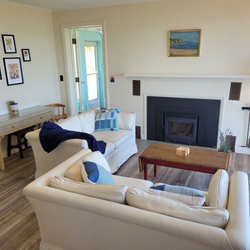 Living room:  the home has a comfy living room with a great view of crystal lake!