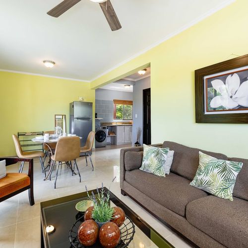 Nice living space with a couch, TV and internet connection everywhere in the unit.