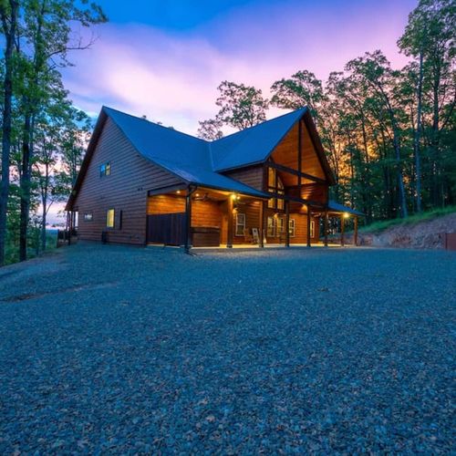 Views of Mountain Dance Lodge at sunset.