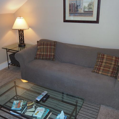 Overall:  the home has a comfy living room with a sofa, coffee table, chair, lamp, window a/c, and live streaming television.