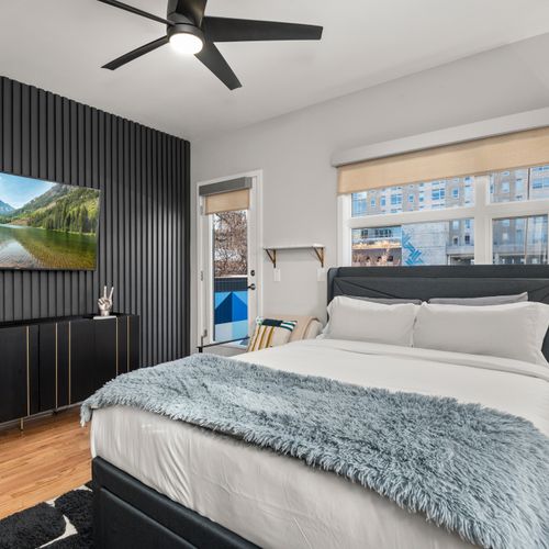 Airy bedroom offering bright windows, plush bed, and tv for relaxed nights