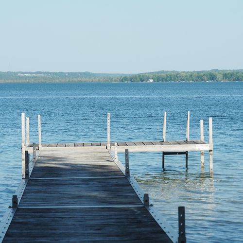 Overall:  the private dock on big platte lake with the lake in the background.