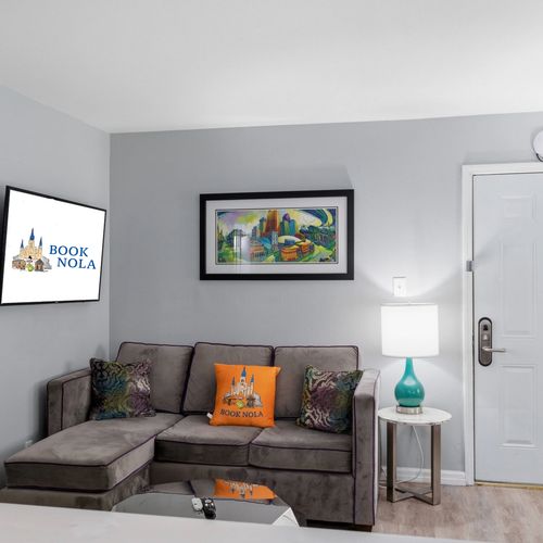 Cozy lounge corner w/ warm lighting — great for winding down.
