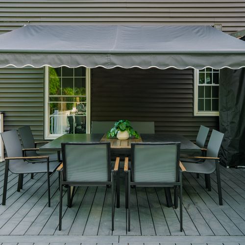 A retractable awning for eating al fresco on sunny days.