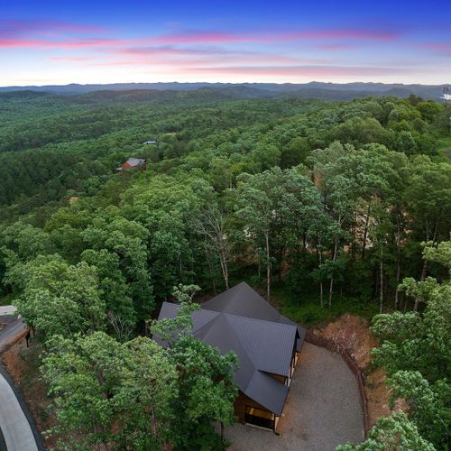 Towering trees surround the lodge.