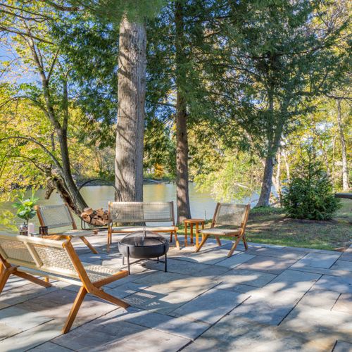 Patio furniture and fire pit.