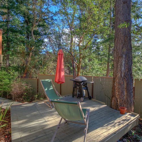 BBQ area with sun loungers.