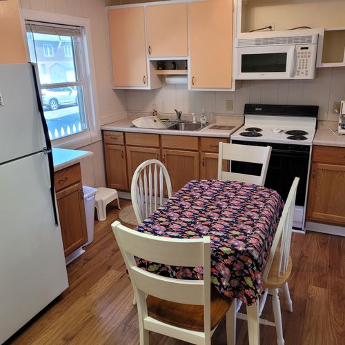 Overall:  overview of the kitchen and dining area.