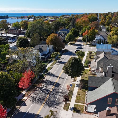 EXTERIOR:  Looking west from above the house towards downtown Frankfort and Lake Michigan