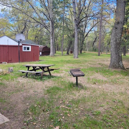 Exterior:  the large family-friendly backyard with picnic table, firepit, and a charcoal grill