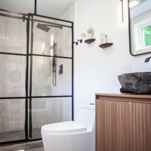 Bathroom interior with shower.