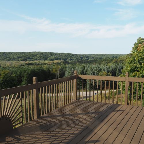 Overall:  the other end of the deck with the hills in the background.
