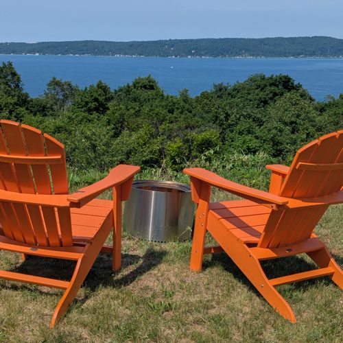 OVERALL:  The outdoor bonfire ring and Adirondack chairs with Crystal Lake in the backgrond