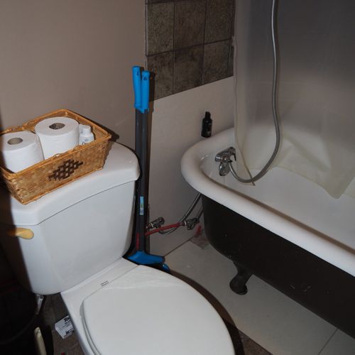 Bathroom:  includes a tub, shower, and toilet. Note that there is no sink, vanity, nor mirror in the bathroom.