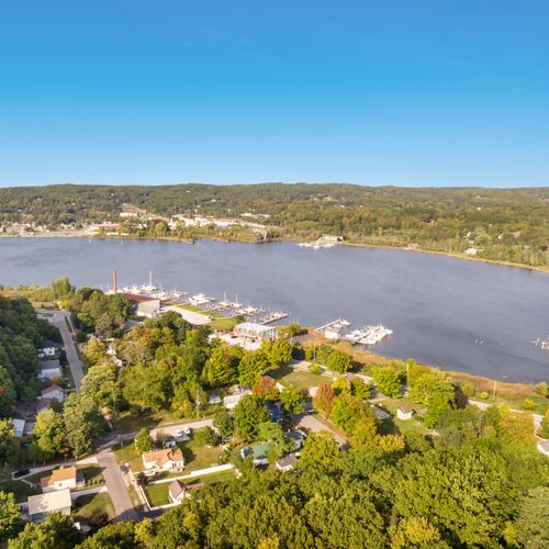 EXTERIOR:  Aerial view of downtown Elberta and Betsie Lake