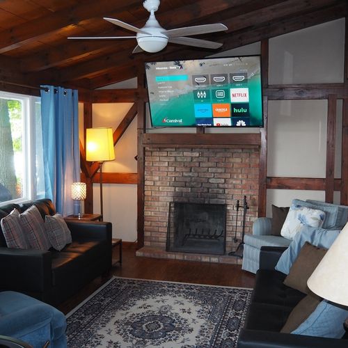 Overall:  the cozy living room, which features a great view of little platte lake as well as live streaming television.