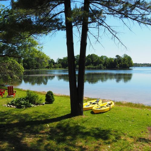 Overview:  the private lakefront, bonfire ring, and kayaks.
