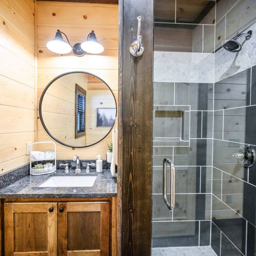 A full bathroom on the bottom floor.