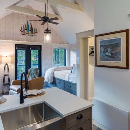Create meals at home in this open, yet intimate studio space. Large counters, and full-sized sink for easy clean-up.
