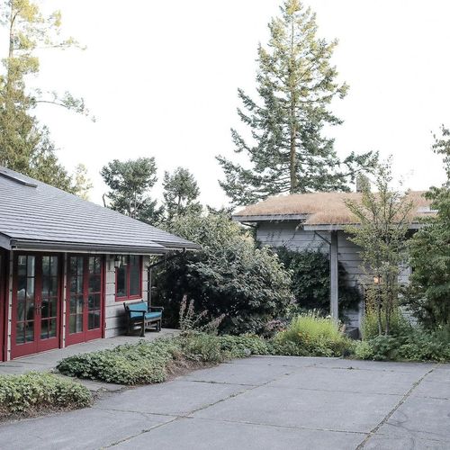 Courtyard with gated gardens all around.