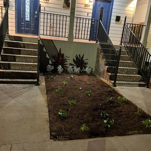 Beautifully landscaped front steps leading up to your home away from home.