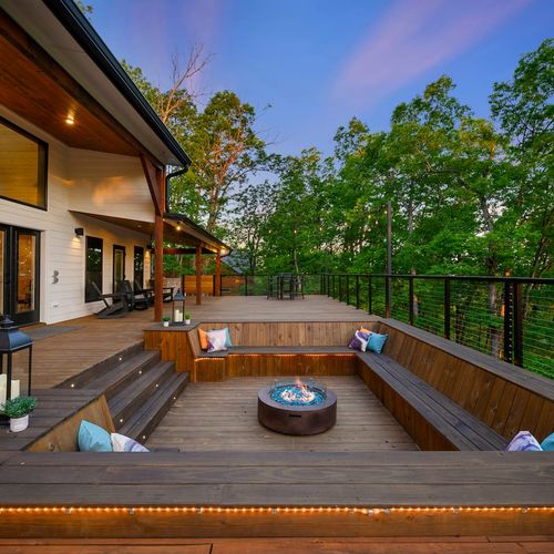 Custom built sunken deck with fire pit.