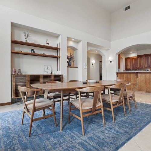 Dining area that glows—where color, texture, and light all align.