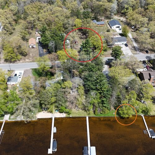 Exterior:  aerial view of lake access (in orange) and the property (in red)