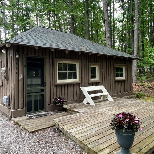 OVERALL:  The front of the cabin in summer