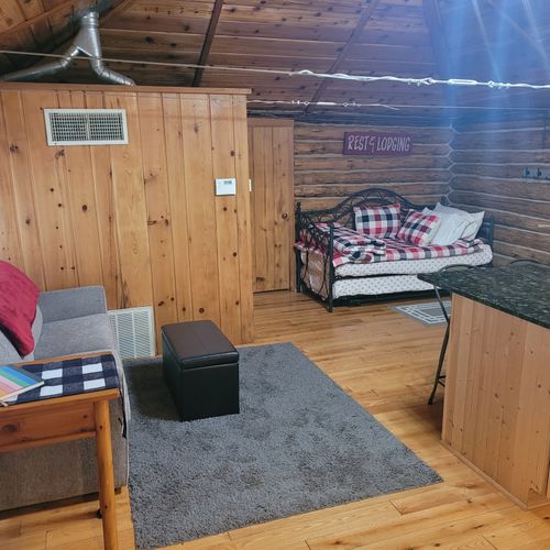 Interior:  a picture of most of the house. (note that the trundle bed will be getting replaced with a queen-size bed. )