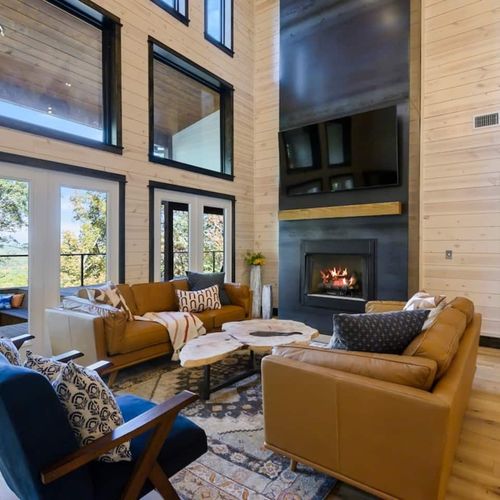 Lounge seating around the floor to ceiling fireplace!