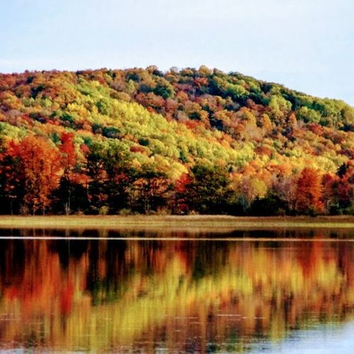 Exterior:  betsie lake in the fall with the dunes of elberta in the background.