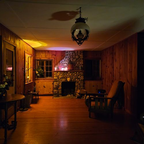 Living room: the living room with the fireplace at night