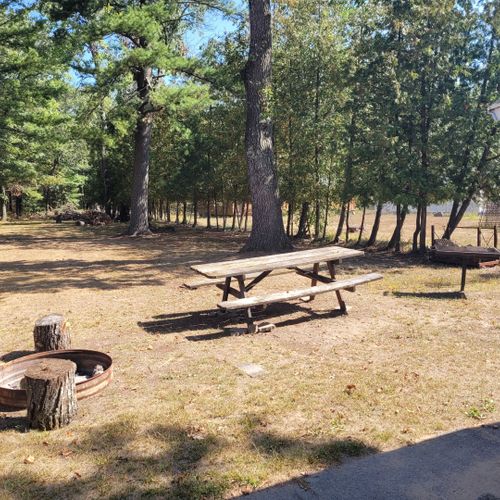 Exterior:  the large family-friendly backyard with picnic table, firepit, and charcoal grill