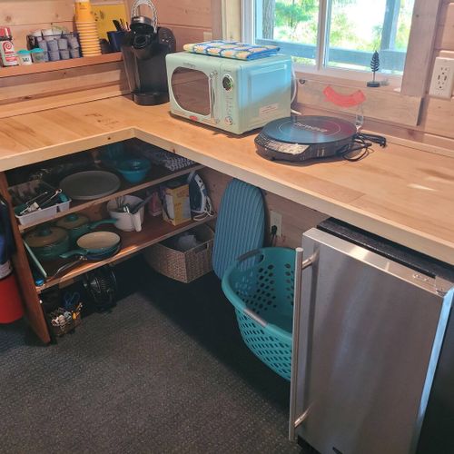 Living area:  kitchenette with microwave, small refrigerator, stovetop, and keurig coffee maker